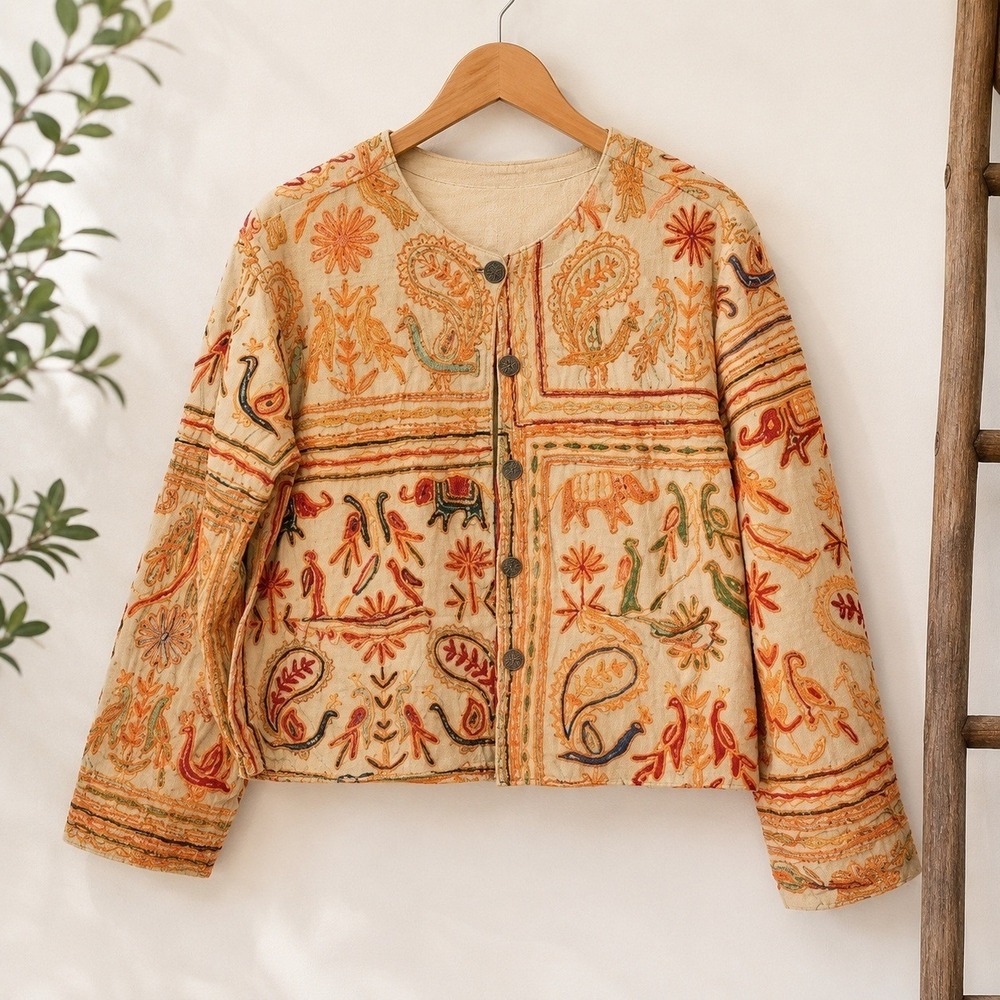 Embroidered Cotton Jacket Yellow Handmade L Boho Folk Artisan Global